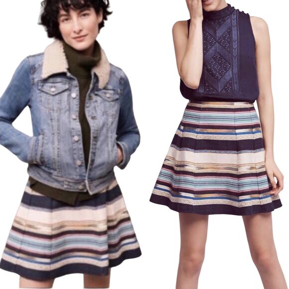 Anthropologie Chloe Oliver Fit & Flare Striped High Waisted Mini Skater Skirt  0 - Picture 1 of 11